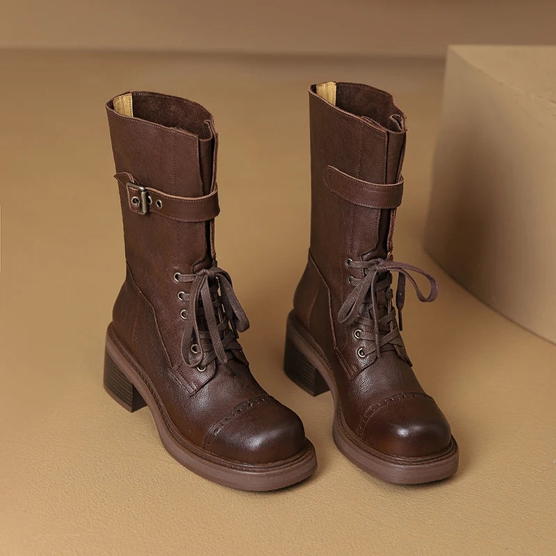 retro mid-calf buckle motorcycle boots for women, view 9 - MRSLM