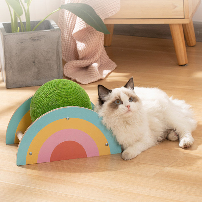 wooden sisal cat scratcher with green ball, view 5 - MRSLM