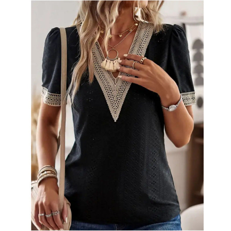 women's v-neck lace puff sleeve top, view 3 - MRSLM