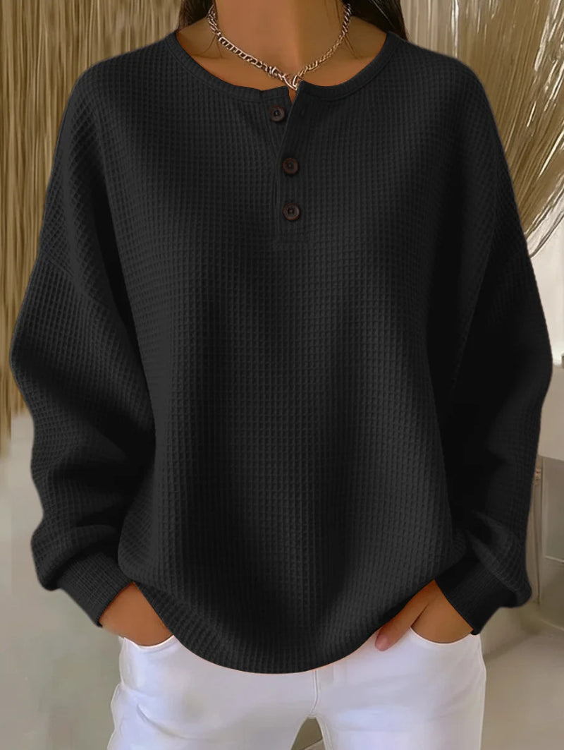 Waffle Long-sleeved T-shirt Fashion Solid Color Buttons Round Neck Pullover Top Women's Clothing