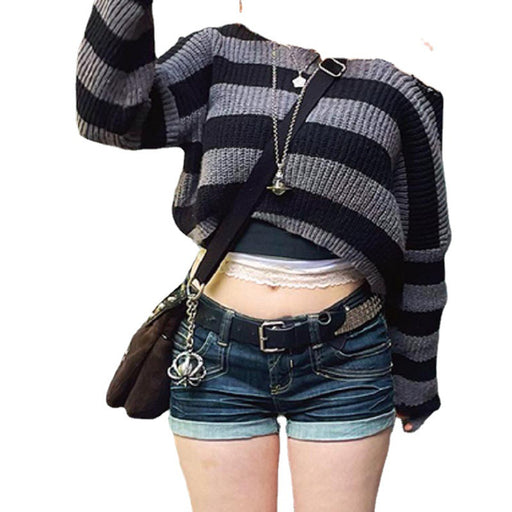 women's cut-out shoulder crop striped knit top, view 6 - MRSLM