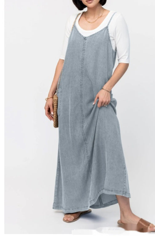 cotton suspender denim dress, view 3 - MRSLM