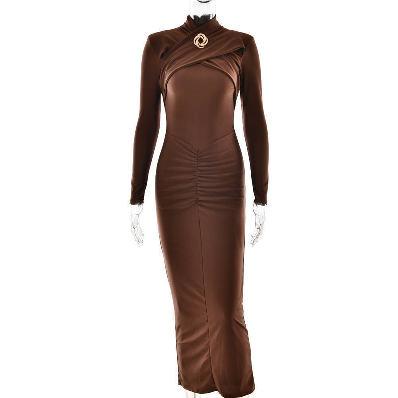slim-fit pleated long sleeve dress, view 6 - MRSLM
