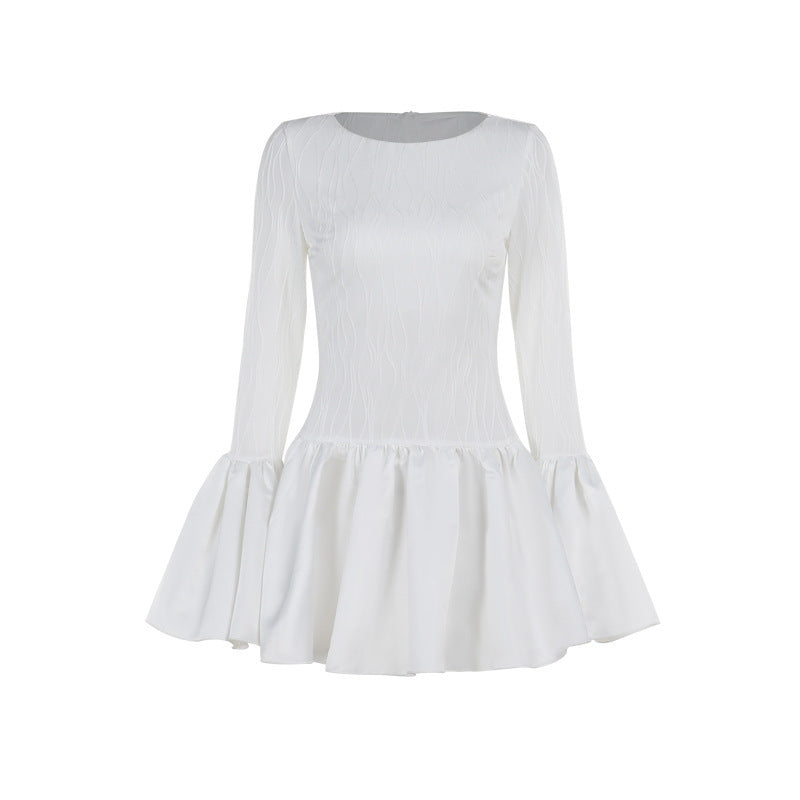 slim fit textured ruffled mini dress, view 5 - MRSLM