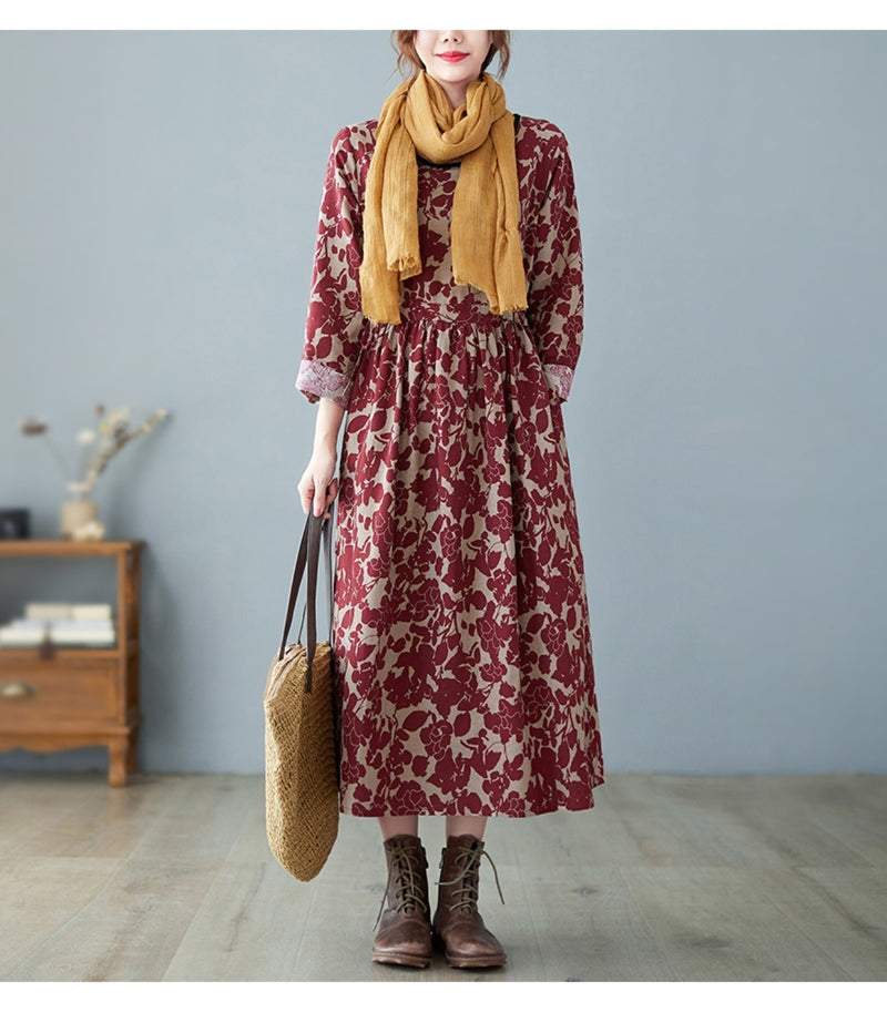 retro art floral print cotton linen dress, view 6 - MRSLM