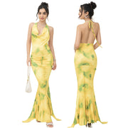 halter deep V printed long dress, view 6 - MRSLM