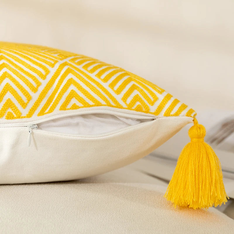 Yellow geometric embroidery cushion covers, view 9 - MRSLM
