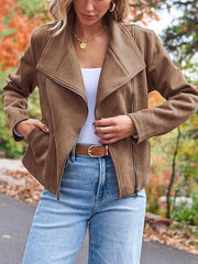 women's short suede motorcycle jacket, view 7 - MRSLM