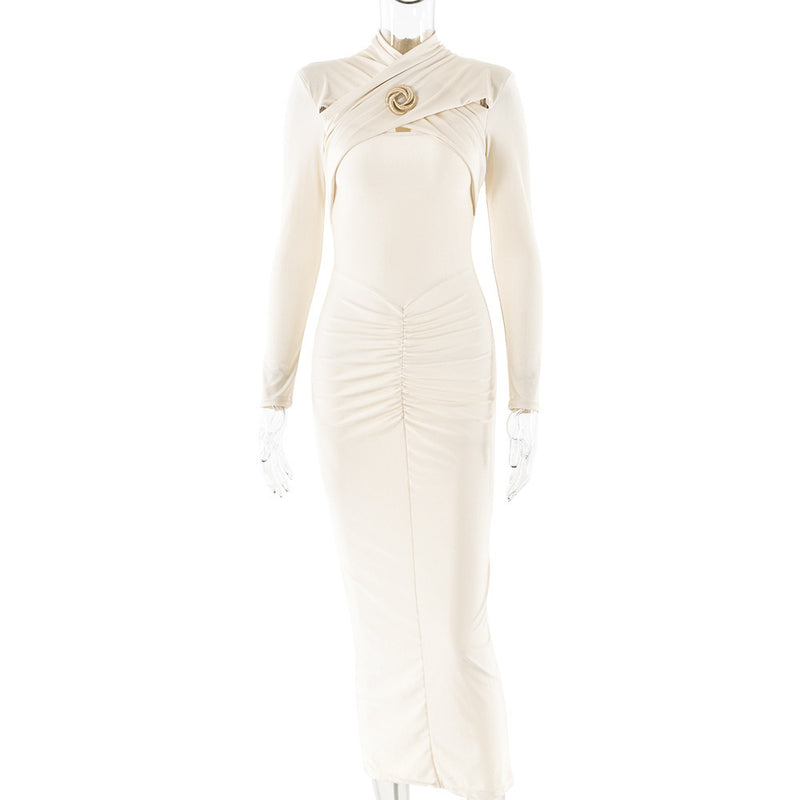 slim-fit pleated long sleeve dress, view 7 - MRSLM