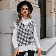 Women's oversized houndstooth V-neck sweater vest, view 5 - MRSLM