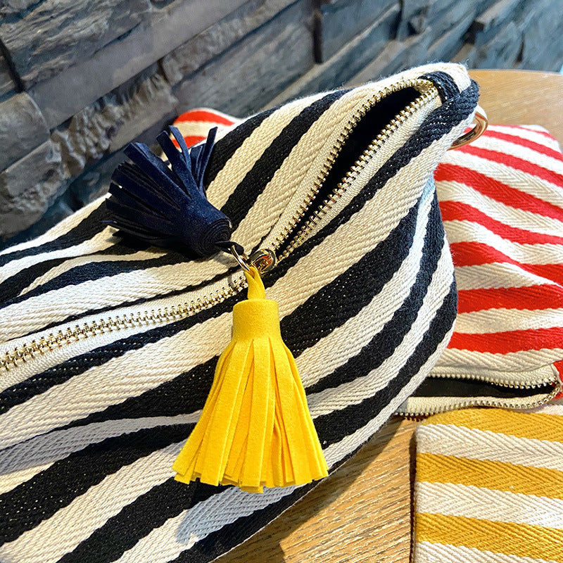 striped tassel zipper cosmetic bag, view 3 - MRSLM