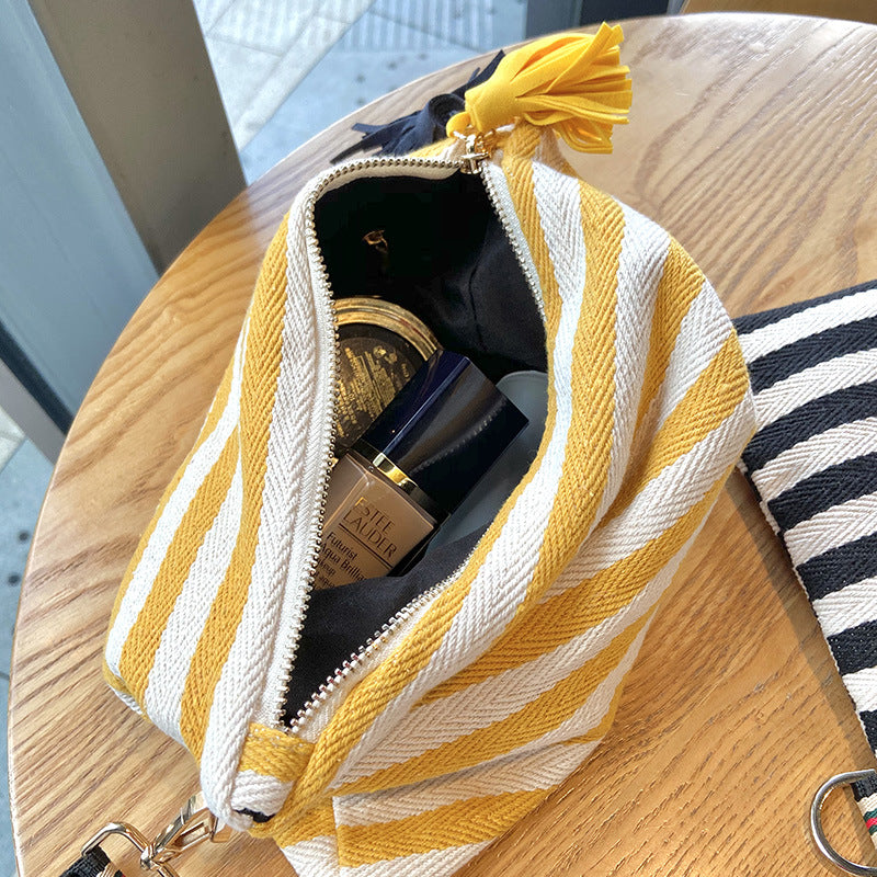 striped tassel zipper cosmetic bag, view 4 - MRSLM