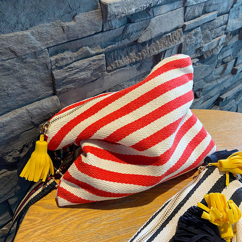 striped tassel zipper cosmetic bag, view 2 - MRSLM