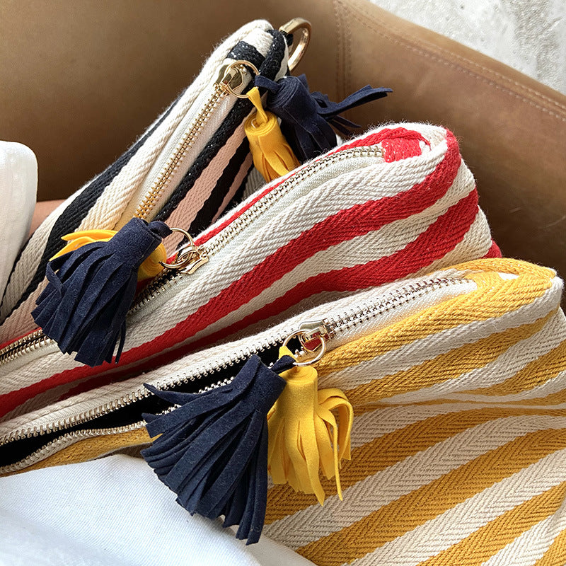 striped tassel zipper cosmetic bag, view 7 - MRSLM