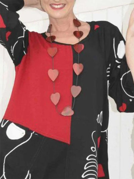 Women's heart print color-block tunic top with irregular hem - MRSLM