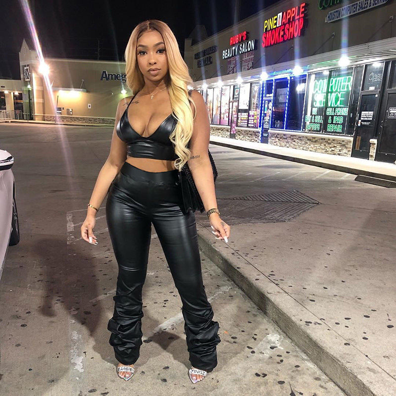 High-waisted Leather Casual Stacked Pants