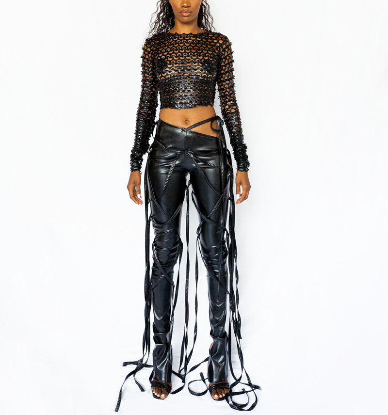 Women's Oblique Waist Lace-Up PU Leather Pants