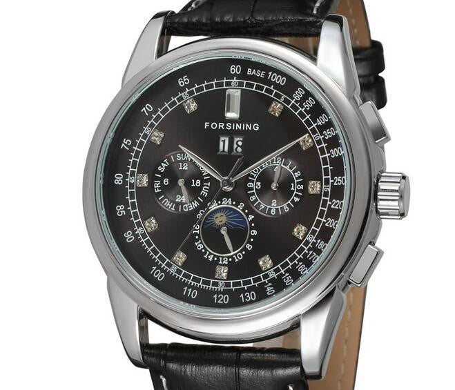 Moon Phase Rose Gold Case Brown Imitation Leather Strap Men Watch Automatic Self Wind Watch