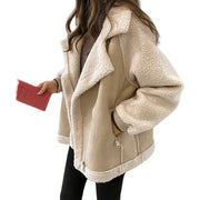 Women's faux suede sherpa-lined moto jacket, view 3 - MRSLM