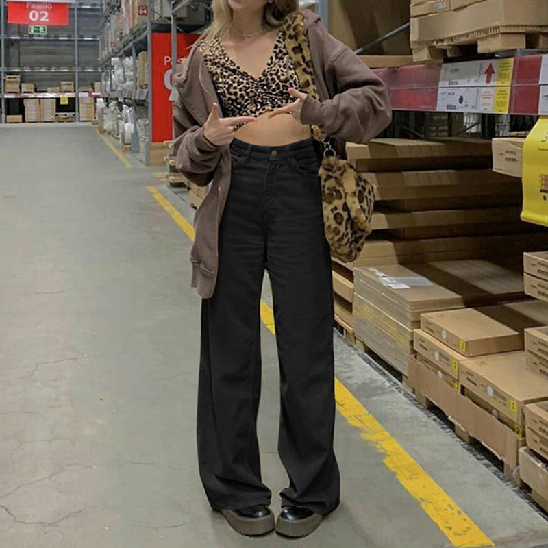Street High Waist Pocket Corduroy Solid Color Loose Straight Pants