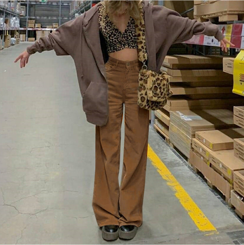 Street High Waist Pocket Corduroy Solid Color Loose Straight Pants