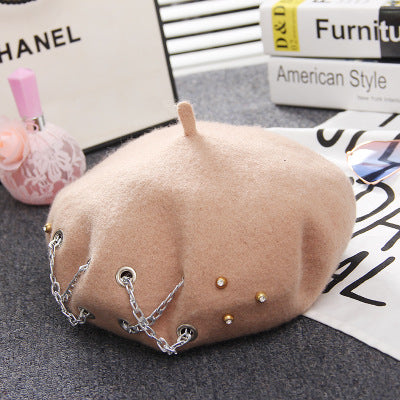 cross chain wool beret, view 3 - MRSLM