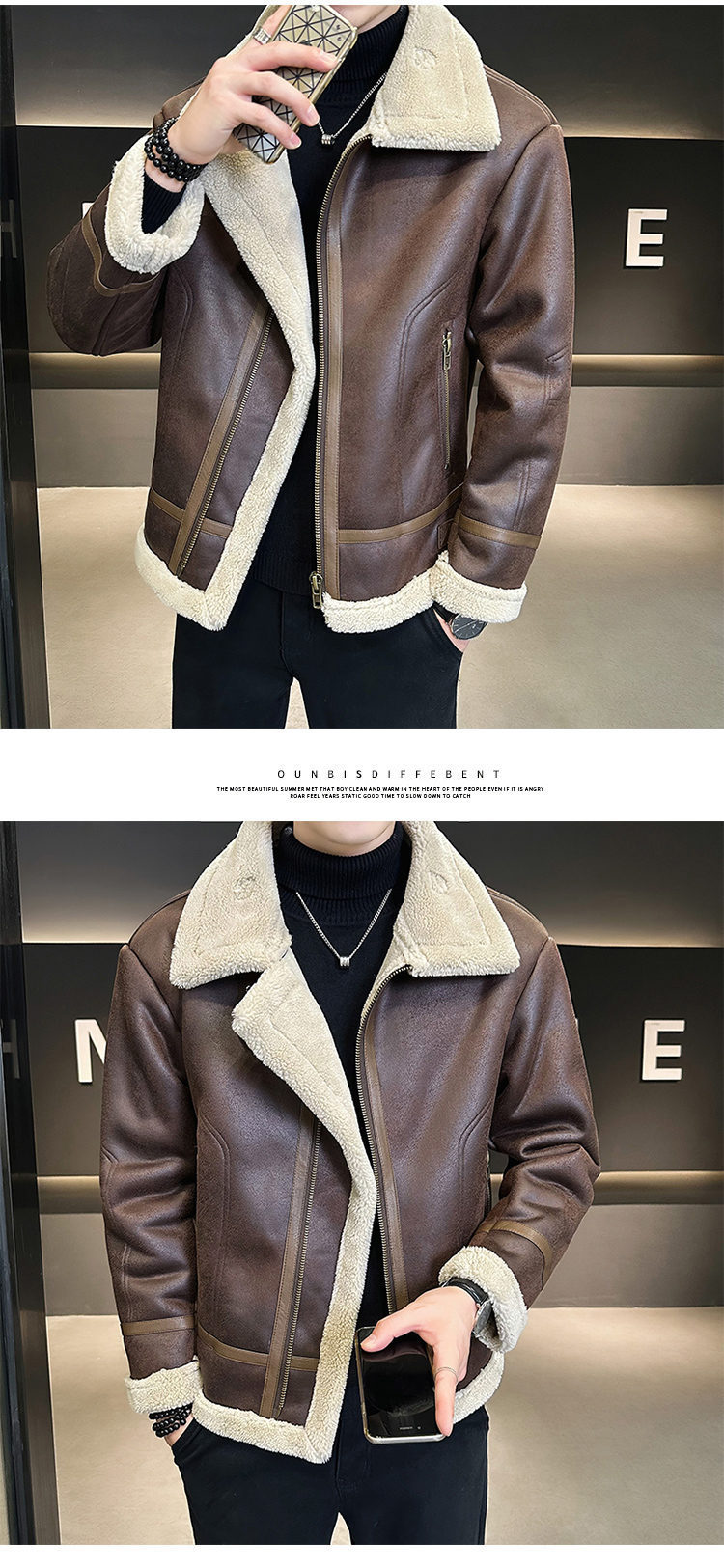 Fur Integrated Motorcycle Jacket Men's Fleece-lined Thickened Jacket
