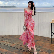 rose red printed long dress, view 2 - MRSLM