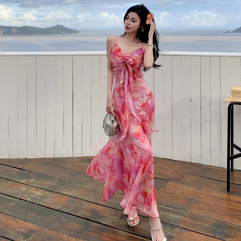 rose red printed long dress, view 2 - MRSLM