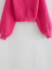lapel lantern sleeve short knit sweater, view 4 - MRSLM