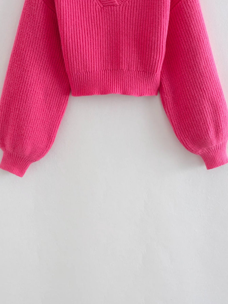 lapel lantern sleeve short knit sweater, view 4 - MRSLM