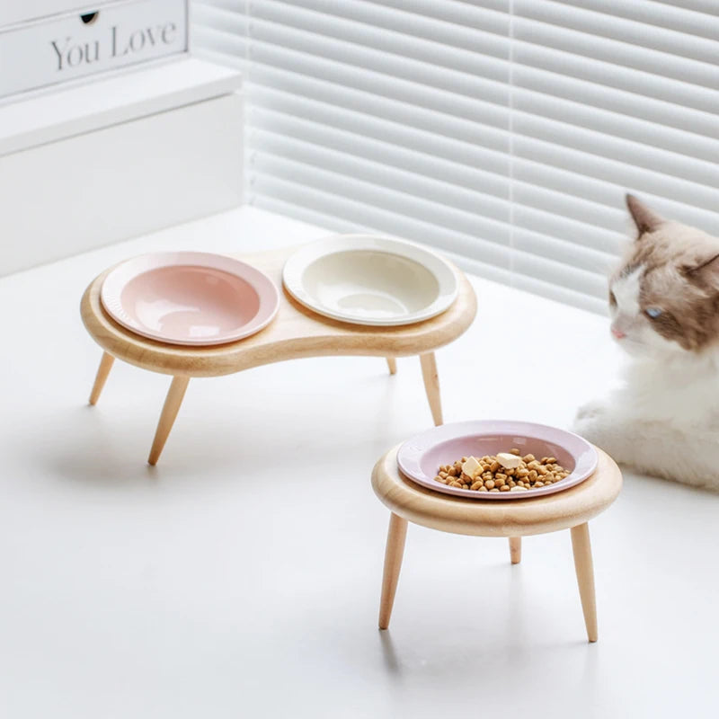 Elevated ceramic pet bowls with wooden stand, view 20 - MRSLM