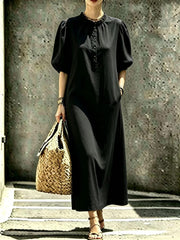 Women's puff sleeve stand collar straight dress, view 5 - MRSLM
