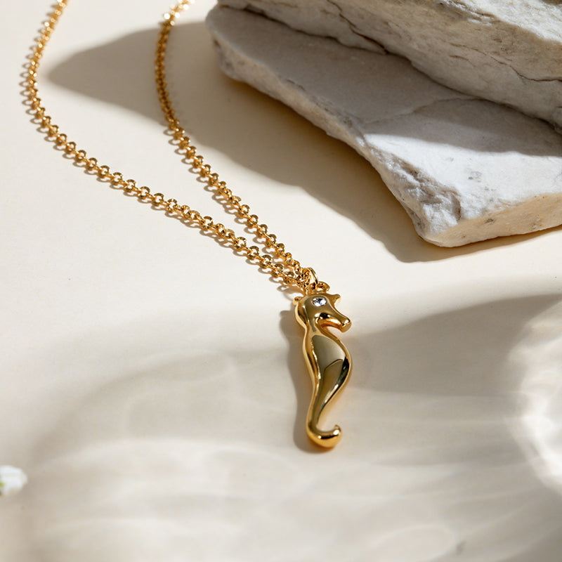 gold seahorse rhinestone pendant necklace, view 5 - MRSLM
