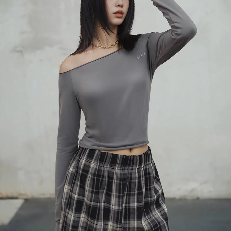 Elegant Slash Neck Long-Sleeved Gray T-Shirt for Women