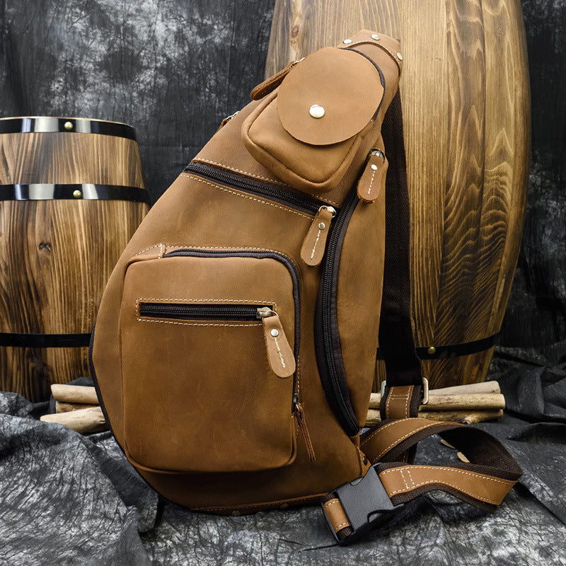 Retro men's crazy horse leather chest bag, view 7 - MRSLM