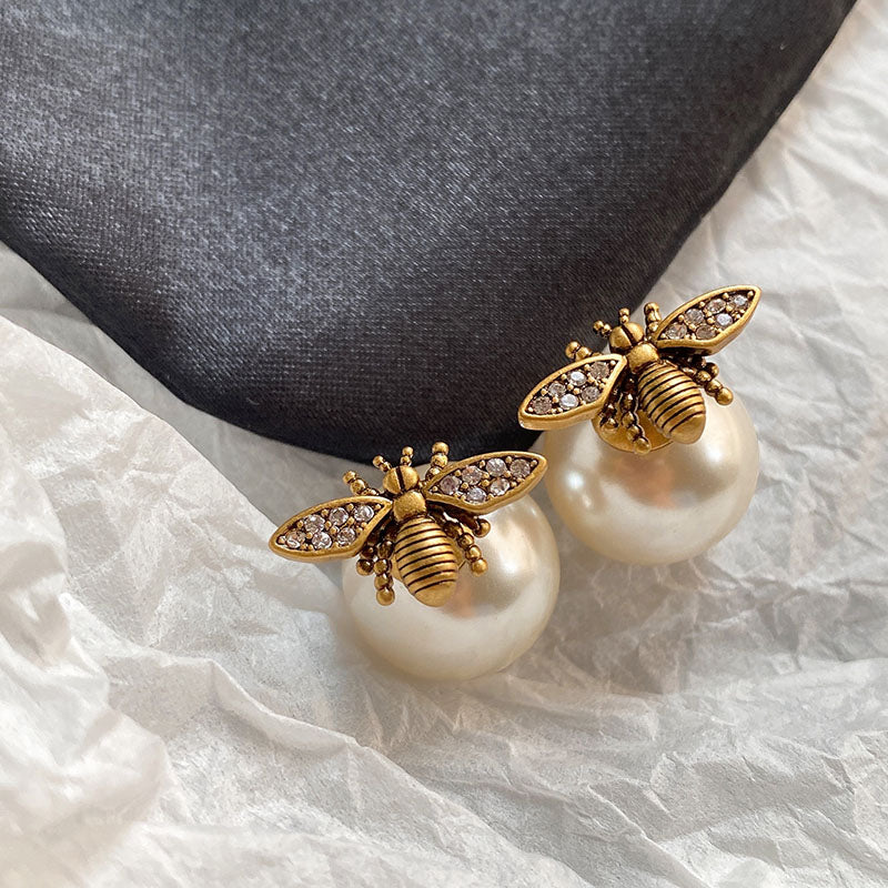 women's vintage pearl bee earrings, view 2 - MRSLM