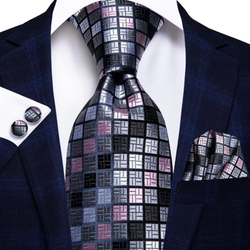 grey plaid silk tie set with cufflinks and pocket square - MRSLM