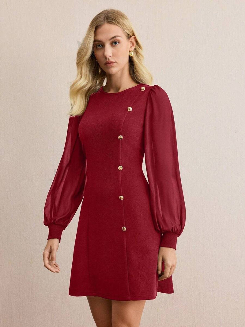women's round neck slim long sleeve dress, view 7 - MRSLM
