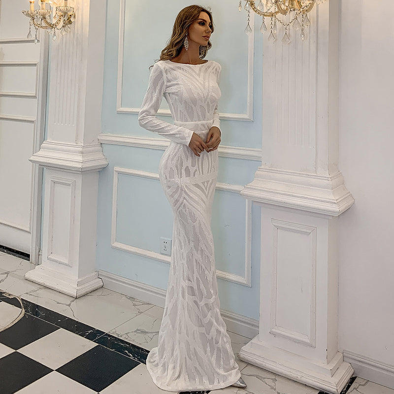 long sleeve round neck long sequin dress, view 2 - MRSLM
