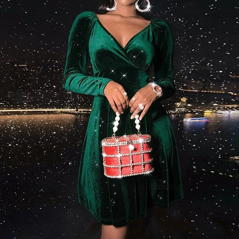 women's v-neck velvet swing dress, view 5 - MRSLM