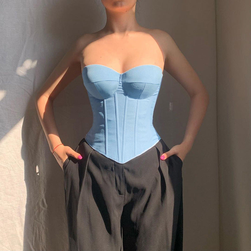 Y2K faux denim tube top with back-tied design, view 9 - MRSLM