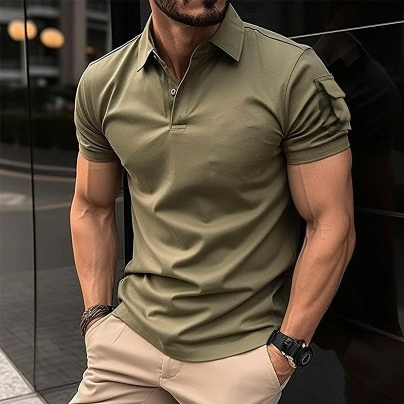 Summer Men's Lapel Button Short Sleeve Pocket Sweatshirt