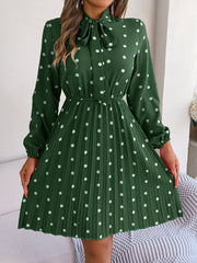 polka dot self-tie long sleeve pleated dress, view 7 - MRSLM