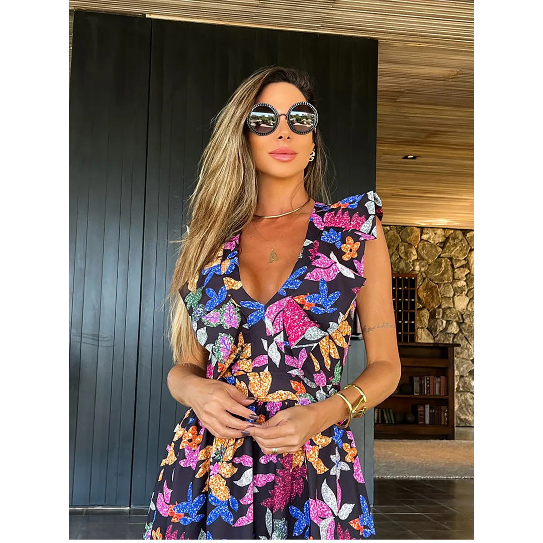Dark Violet Printed Vacation Style Deep V-neck Sleeveless Women's Long Dress