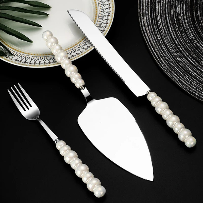 pearl ceramic handle cake knife set, view 4 - MRSLM