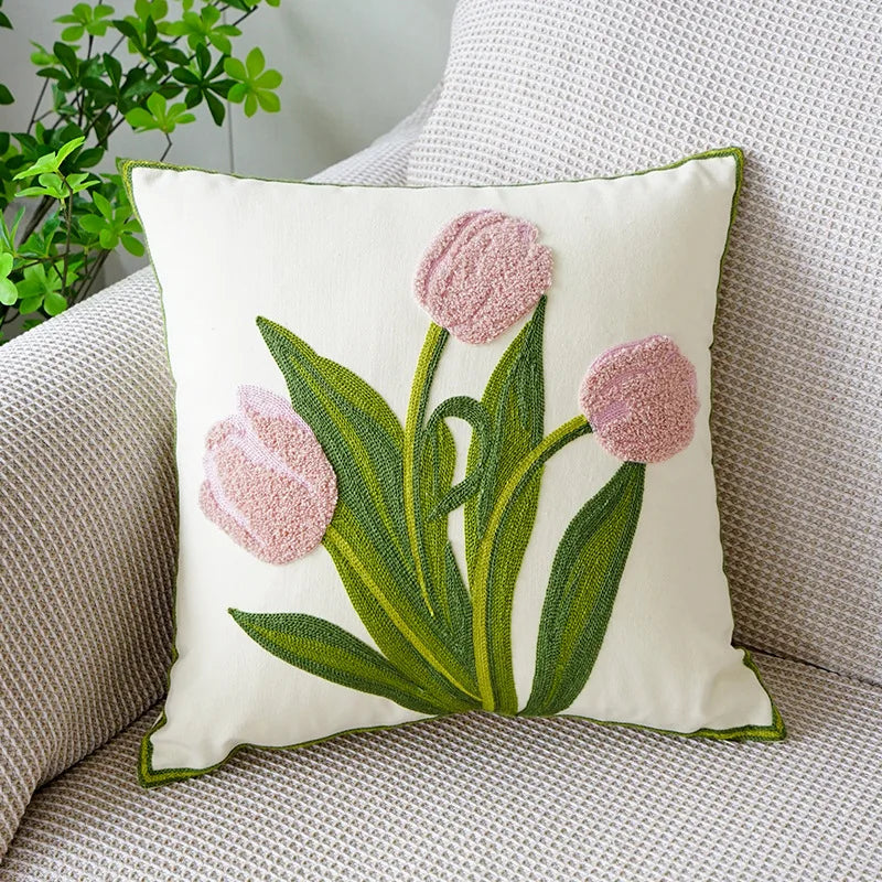 floral embroidered tulip and orchid cushion cover, view 5 - MRSLM