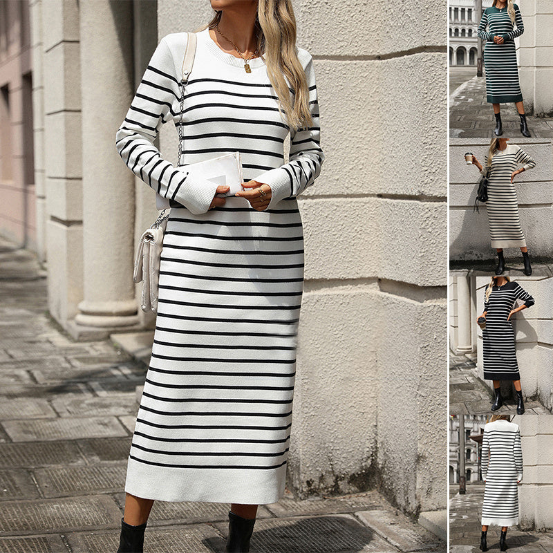 Slim striped printed long dress with long sleeves - MRSLM