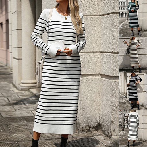 Slim striped printed long dress with long sleeves - MRSLM