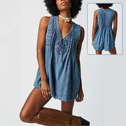 v-neck sleeveless denim shorts jumpsuit - MRSLM